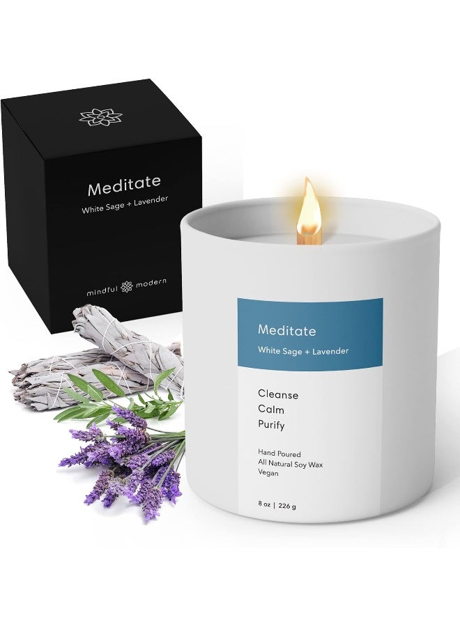 Mindful Modern & Natural Meditate Candle | White Sage and Lavender Hand-Poured Soy Wax Stress Relief | Aromatherapy Candle | Elegant Scented Home Fragrance | Clean, Even, Longer Burn | 8 oz Glass Jar - Image 1
